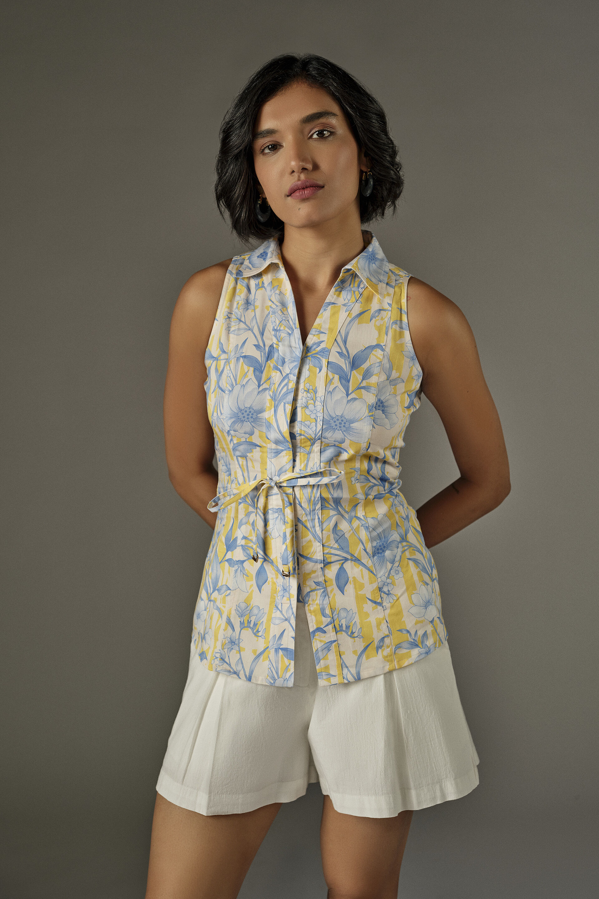 Raya Yellow Print Collared Top, Yellow, image 2